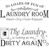 SUPERDANT 2 Sheets/Set Laundry Room PVC Wall Sticker Loads of Fun Dirty Again Vinyl Wall Decal Funny Quotes PVC Art Decals Peel and Stick for Laundry Room Laundromat Decor 13.78x5.5in