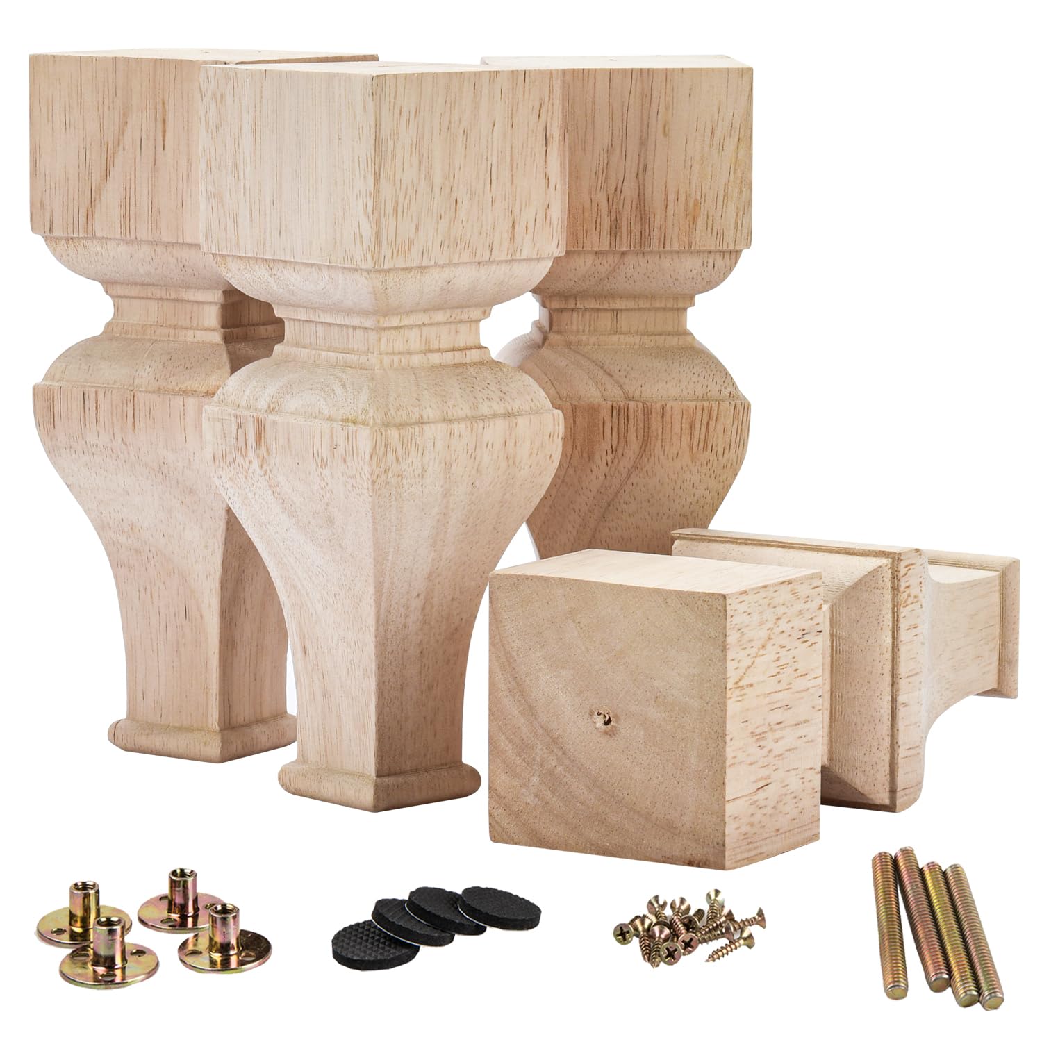 La Vane 8 inch / 20cm Wooden Furniture Legs, Set of 4 Solid Wood Carved Geometry Unfinished Replacement Bun Feet with Mounting Plate & Screws for Sofa Cabinet Couch Table TV Stand