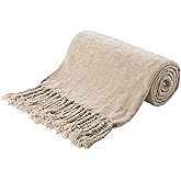 BATTILO HOME Beige Chenille Throw Blanket for Couch, Decorative Fringe Velvety Khaki Tan Throw Blanket for Sofa Home Decor, 50"x60"