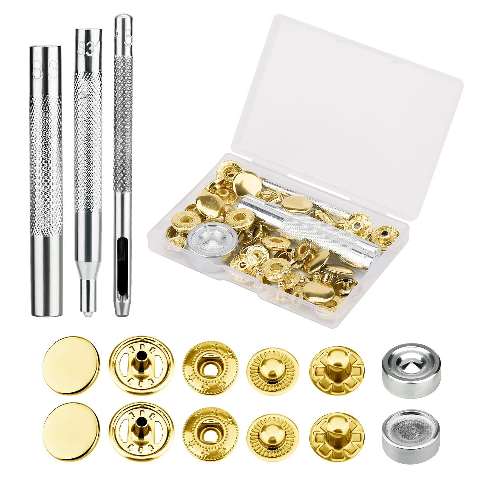 SAVITA 12 Sets Metal Snap Buttons Leather Snap Fasteners Kit with 4 Install Tools Heavy Duty Snaps Press Stud Sewing Snaps for Clothes Jeans Belt Fabric (Gold, 15mm)