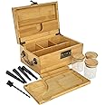 JIABOLANG Bamboo Box with Combination Lock & Accessories -3 Smell Proof Jars, 4 Tube, Rolling Tray,Brush - Accessories Family Organizer Set with Handle, Locking Stash Box