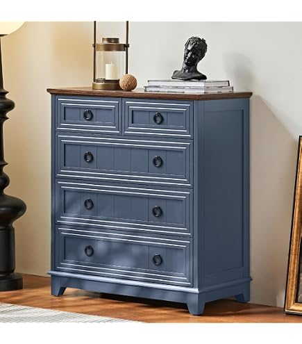 amazon blue dresser Recto Blue Two Tone Solid Wood 7 Drawer Bedroom