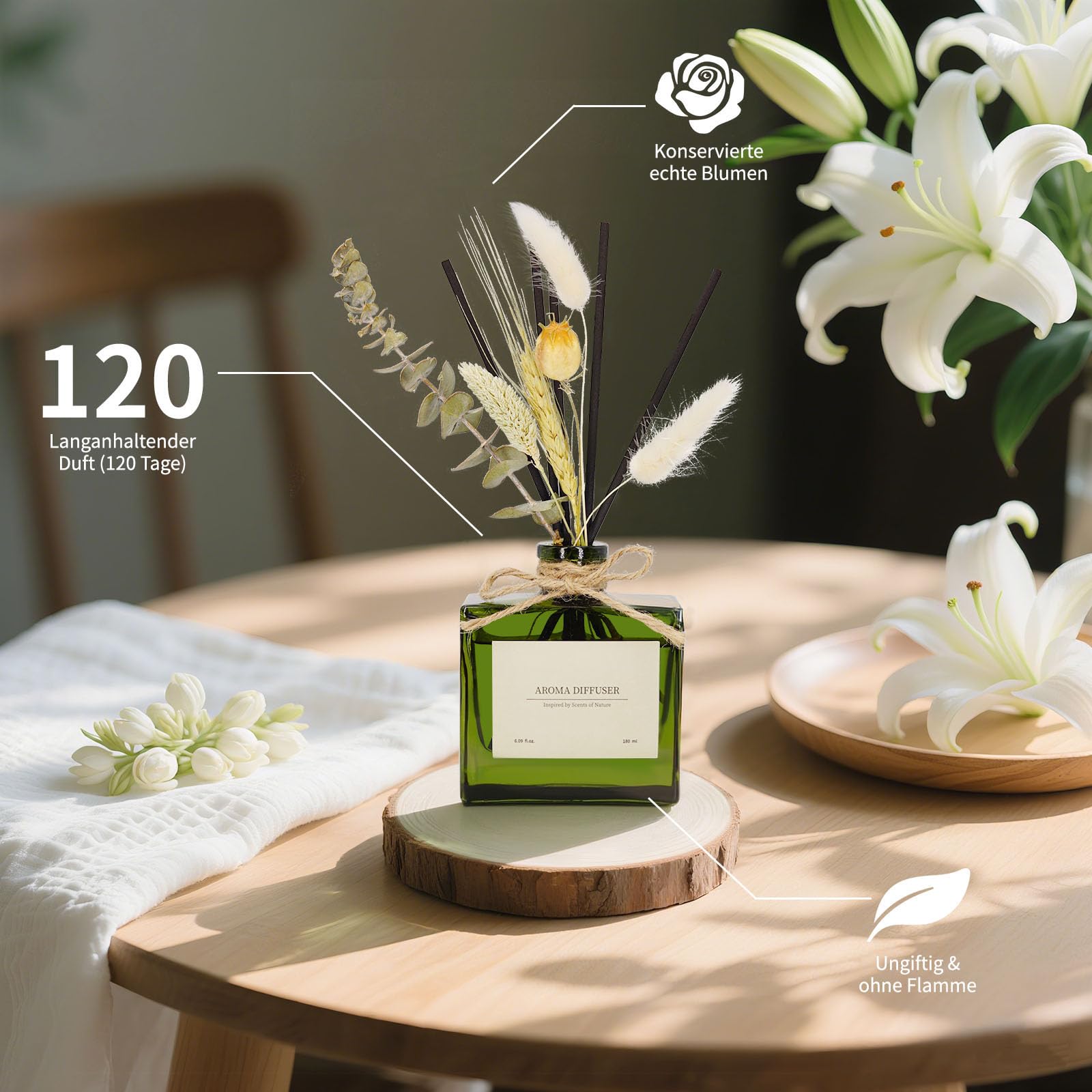 Blume Raumduft Diffuser für 120 Tage Büro,Aroma Diffuser Jasmin Duft mit 7 Duftstäbchen,Natürlich Langanhaltend Lufterfrischer für die Schlafzimmer, Raumdüfte für dekorative Wohnaccessoires 4
