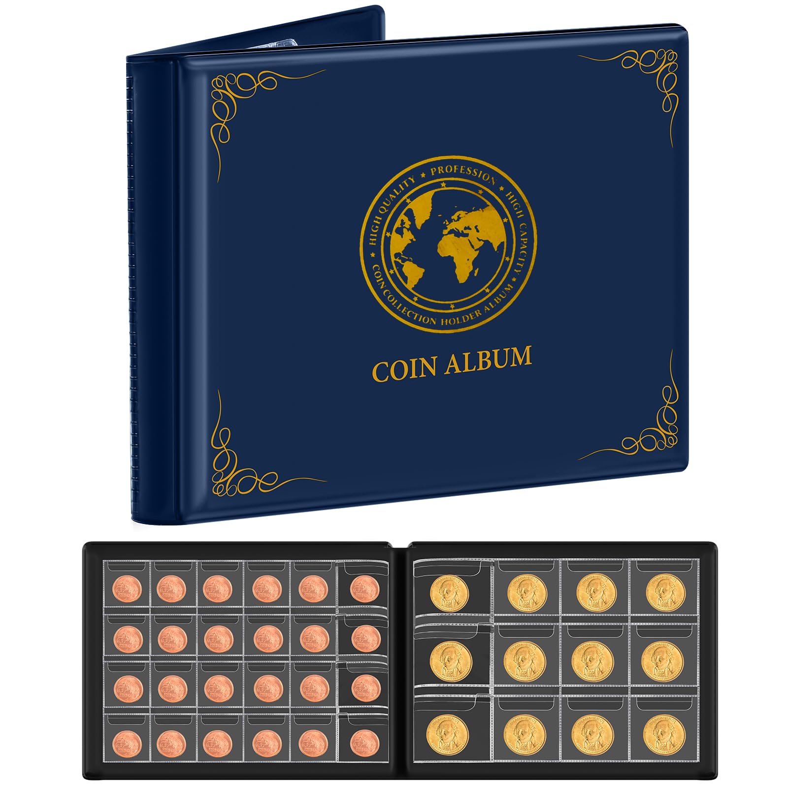Againmore Coin Album for Collectors, 300 Pocket Coins, Folder Album with EVA Sleeves for 20 25 27 30 38 46 mm Coin Storage Scrapbook for Money Currency Blue