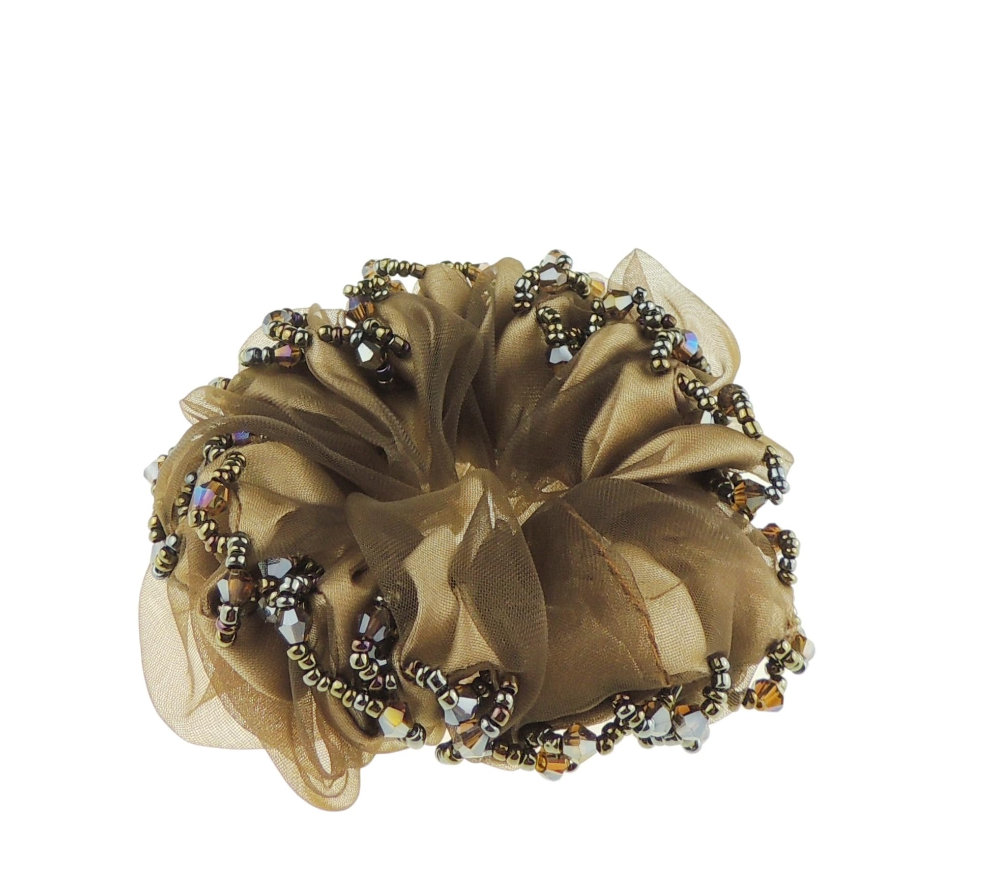 Womens Girls Chiffon Beaded Floral Fabric Scrunchie Christmas Birthday Bridal Wedding Party Ponio Hair Tie Up Back Elastic Accessories Bobbles Ponytail Holder Rubber Bands (No Flower Chocolate)