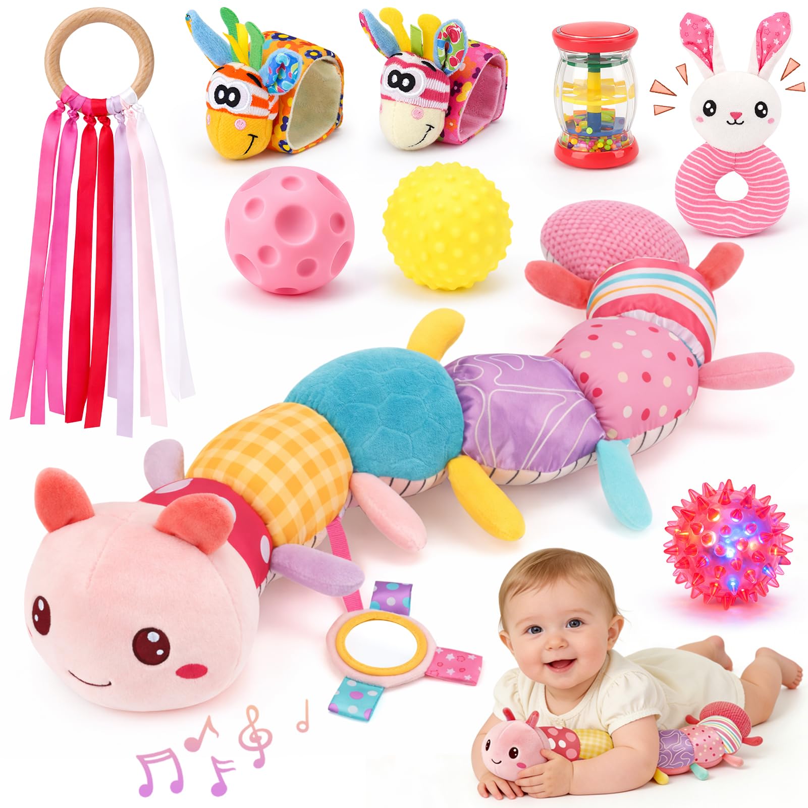 Joyreal Baby Girl Toys Baby Essentials for Newborn, 10pcs Newborn Baby Gifts, Musical Caterpillar Toys, Rattles, Ribbons, Baby Toys 6 to 12 Months, Sensory Toys for Babies 0-6 Months