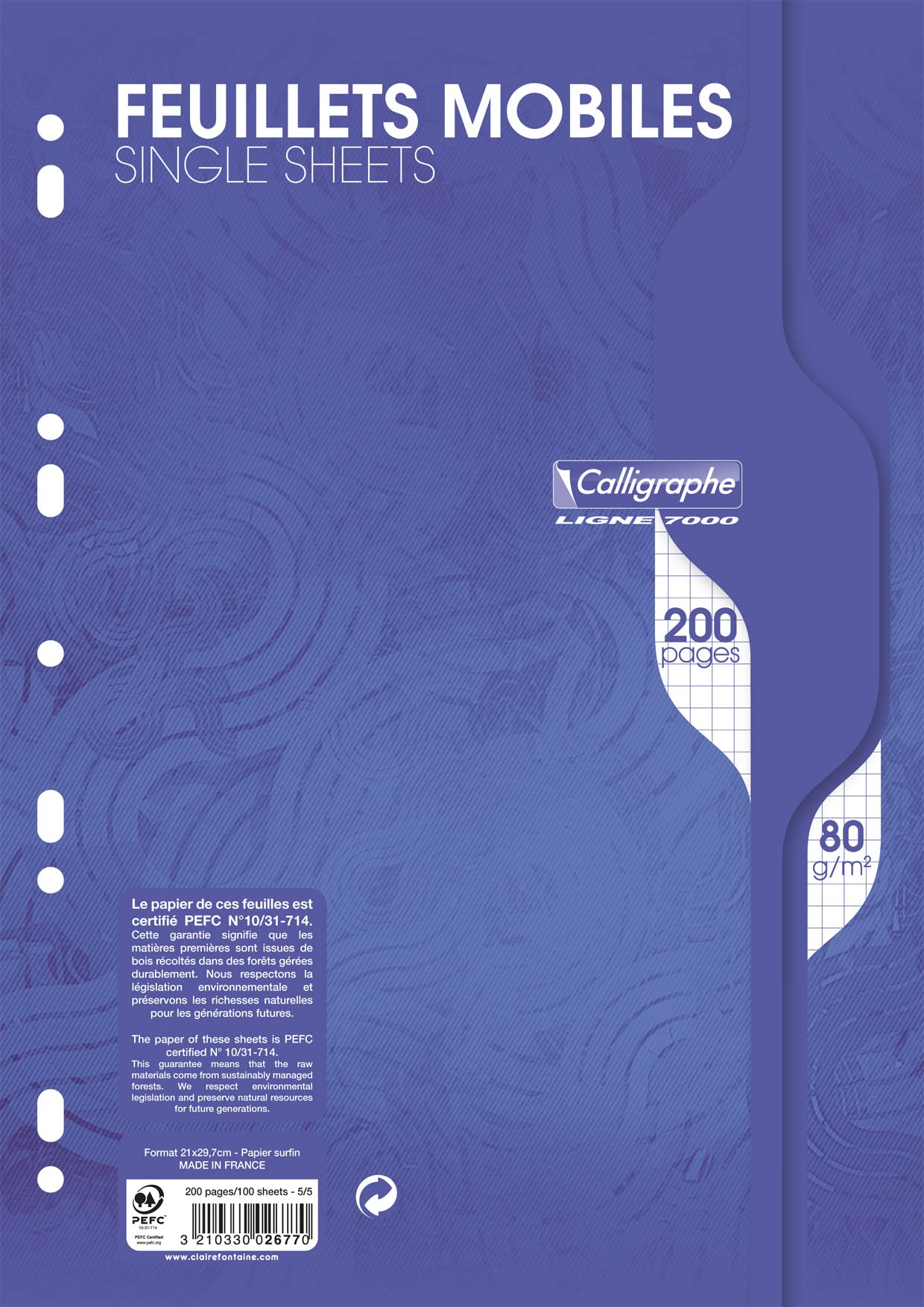 Calligraphe 2677C - A Package of Perforated Movable Sheets - Film Wrapped (a Clairefontaine Brand) - A4 21x29.7 cm - 200 Small Square Pages - 80 g Paper