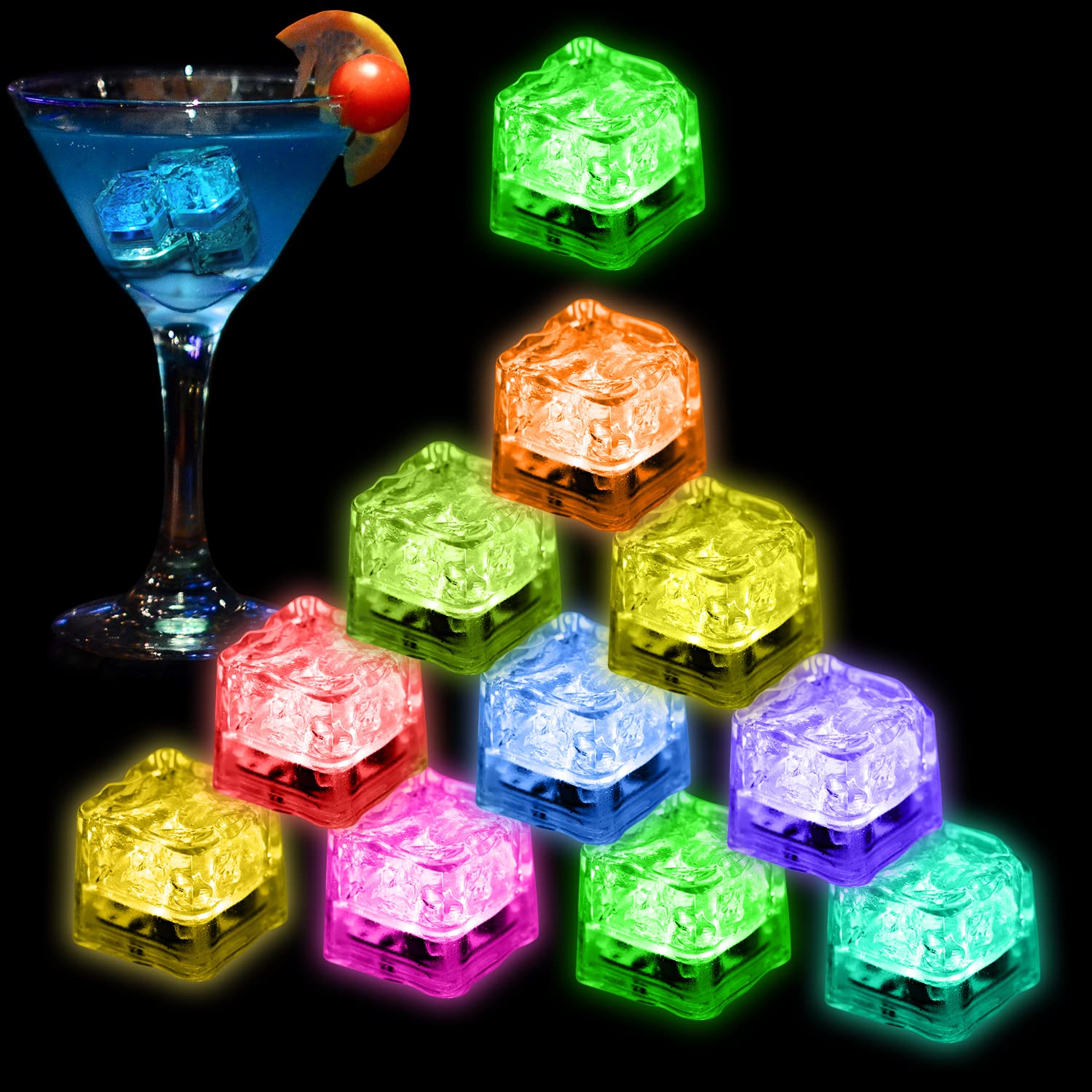 Photo 1 of Led Ice Cubes - 24 Pack Multi Color Glow in the Dark, Reusable Flashing Ice Cubes for Club Bar Party Wedding Decor, IP67 Waterproof