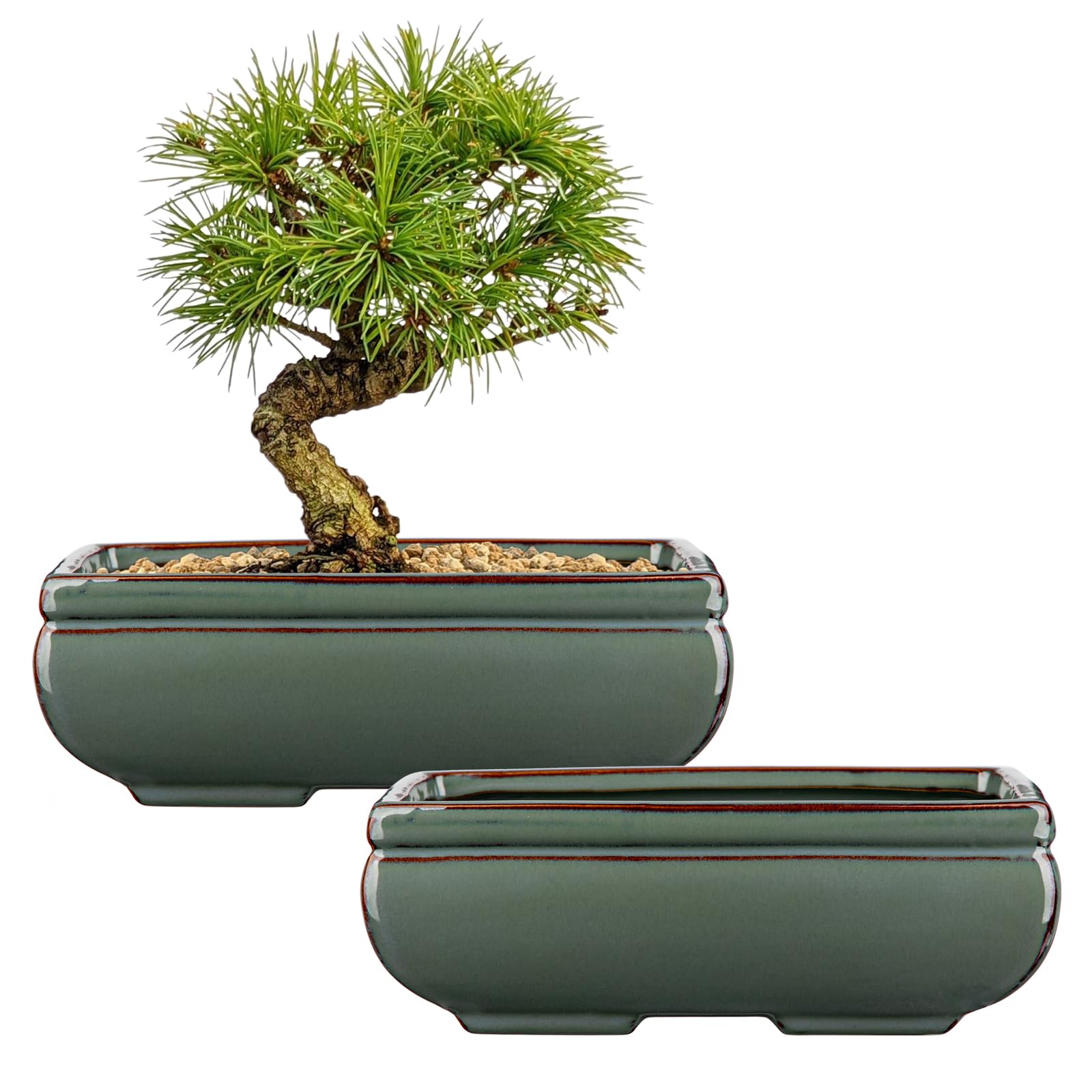 Photo 1 of Ceramic Bonsai Pots with Drainage Hole Set of 2, Green Glazed Bonsai Planters for Indoor/Outdoor Use, Rectangular Shallow Bonzai Tree Pot for Succulent, Orchids, Cacti, Home, Patio, Garden, 8.7"x5.9"