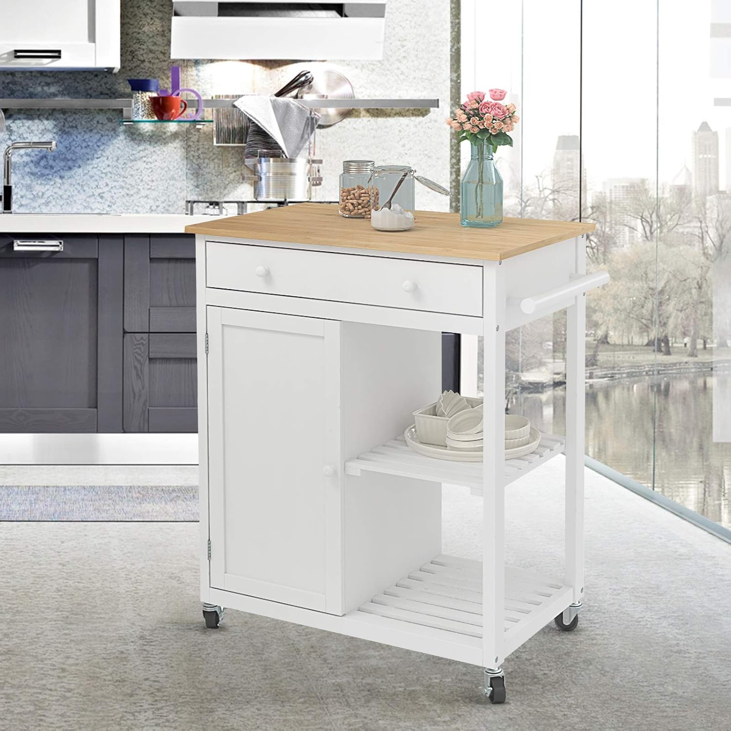Mecor Kitchen Island Cart w/Wood Top, Rolling Utility Trolley on Wheels with Storage Drawer, Shelves and Cabinet (White) - Kitchen Islands & Carts