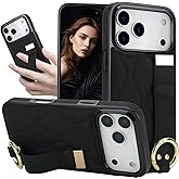 Ephoou for Apple iPhone 17 Pro Case with Kickstand Wristband, Finger Ring Grip and Keychain, PU Leather Stylish Shockproof Cover with Wrist Strap for iPhone 17 Pro ZHD-Black