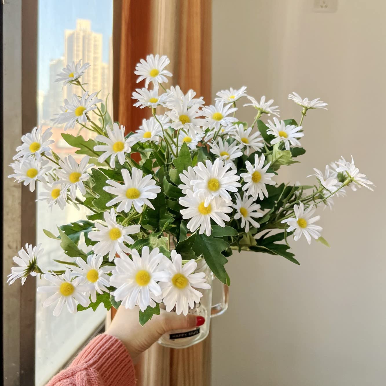 JZK 2 x White marguerite bouquets artificial flowers, Artificial white daisy bouquet, faux daisy bunch, marguerite branches for flowers arrangement, wedding centerpiece decorations