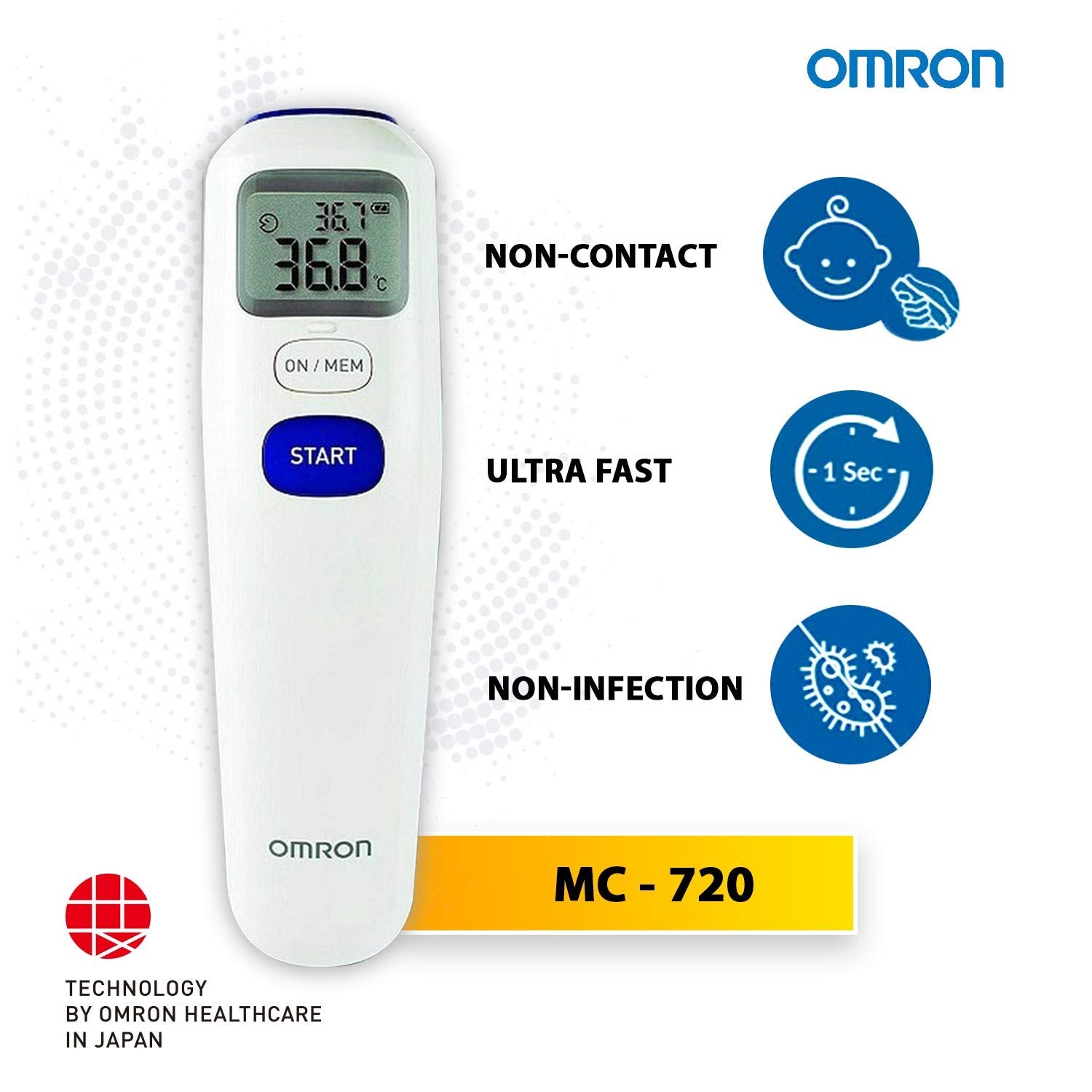 Omron MC 720 Non Contact Digital Infrared Forehead Thermometer With 1