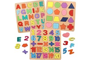 YOHELLY Puzzles for Toddlers, 3 Pack Wooden ABC Alphabet Number Shape Puzzles Toddler Learning Toys for Kids 2-4 Years Boys Girls, Montessori Preschool Educational Gift Learning Letter Puzzles Toys Ages 1-3