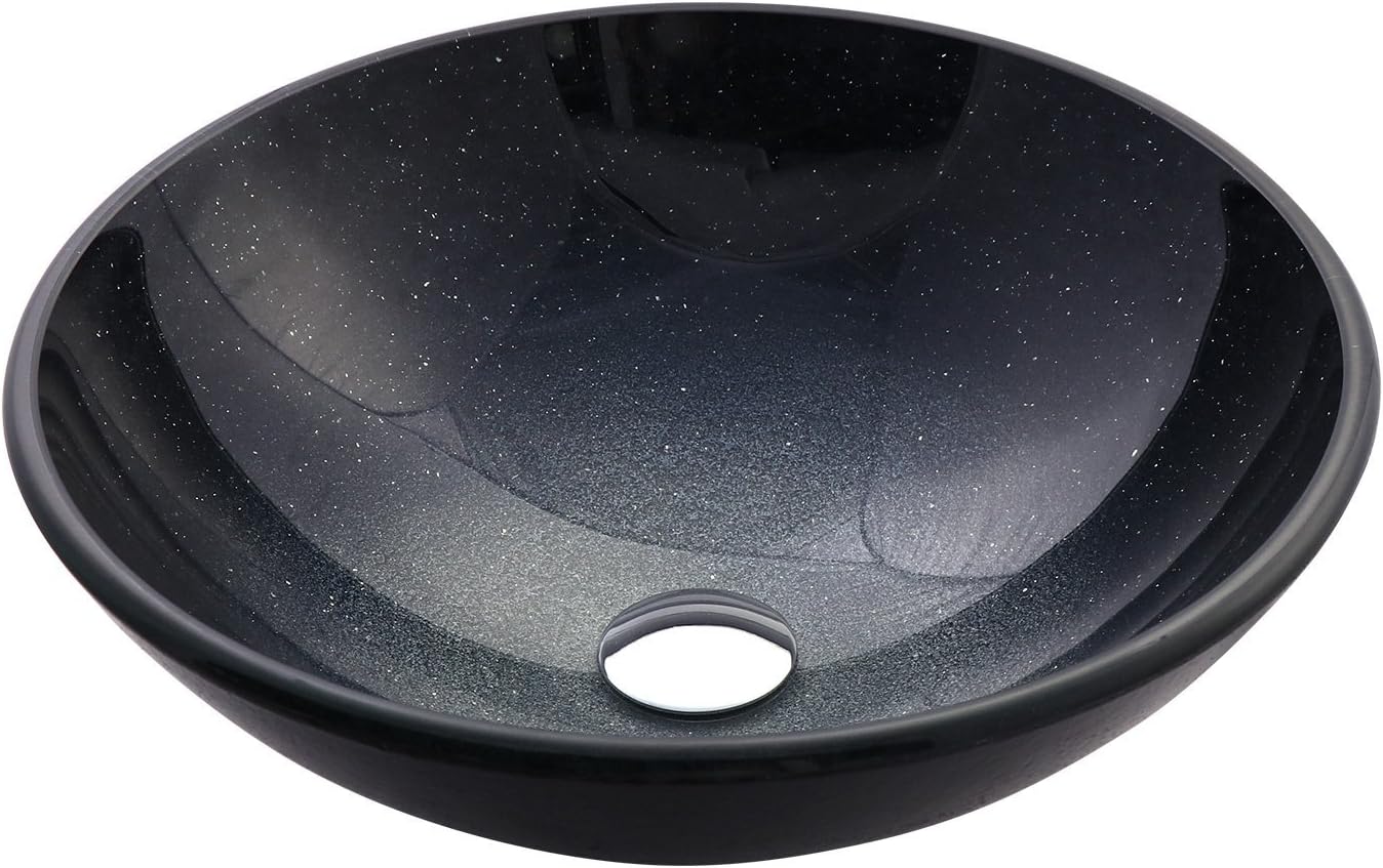 Vataler 16.5” Artistic Handmade Round Tempered Glass Vessel Sink With Mounting Ring, Above Counter Bathroom Vessel Sink Gray Sky with Twinkling Stars