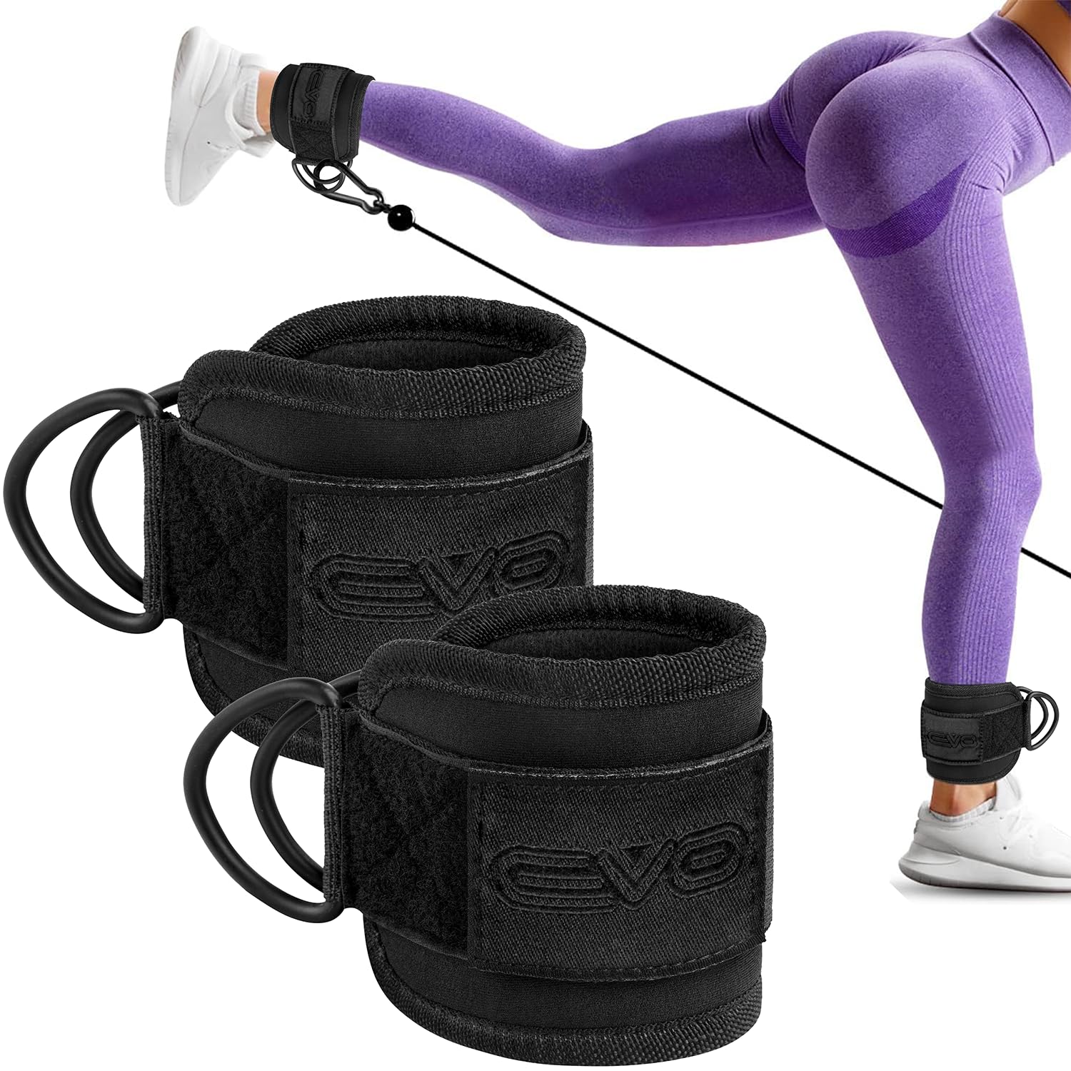 EVO Fitness PAIR Cable Machine Ankle Straps Padded Cable Kickback Ankle Strap for Glute Training Leg Extensions Curls Exercise for Pants Hip Remover Adjustable (Matt Black)