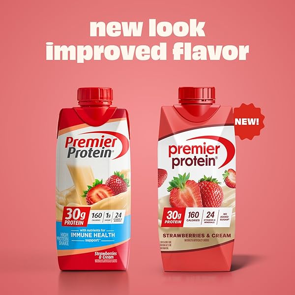 PREMIER PROTEIN SHAKE, STRAWBERRIES & CREAM, 30G PROTEIN, NO ADDED SUGAR, 24 VITAMINS & MINERALS TO SUPPORT IMMUNE HEALTH, 11 FL OZ, 12 PACK