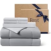 Rest® Evercool®+ Cooling Comforter Set, King Size Light Gray, 4pcs with Cooling Blanket, Wrinkle-Free Deep Pocket Fitted Sheet, 2 Silver-Infused Pillowcases for Skin and Hair Bed Set for Ultra Comfort