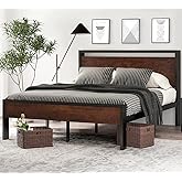 SHA CERLIN 14 Inch Queen Size Metal Platform Bed Frame with Wooden Headboard and Footboard, Mattress Foundation, No Box Spring Needed, Large Under Bed Storage, Non-Slip Without Noise, Mahogany