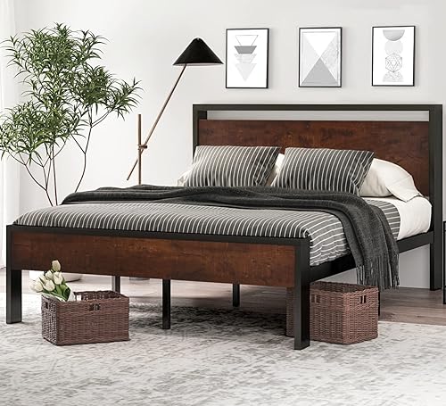 SHA CERLIN 14 Inch Queen Size Metal Platform Bed Frame with Wooden Headboard and Footboard, Mattress Foundation, No Box Spring Needed, Large Under Bed Storage, Non-Slip Without Noise, Mahogany