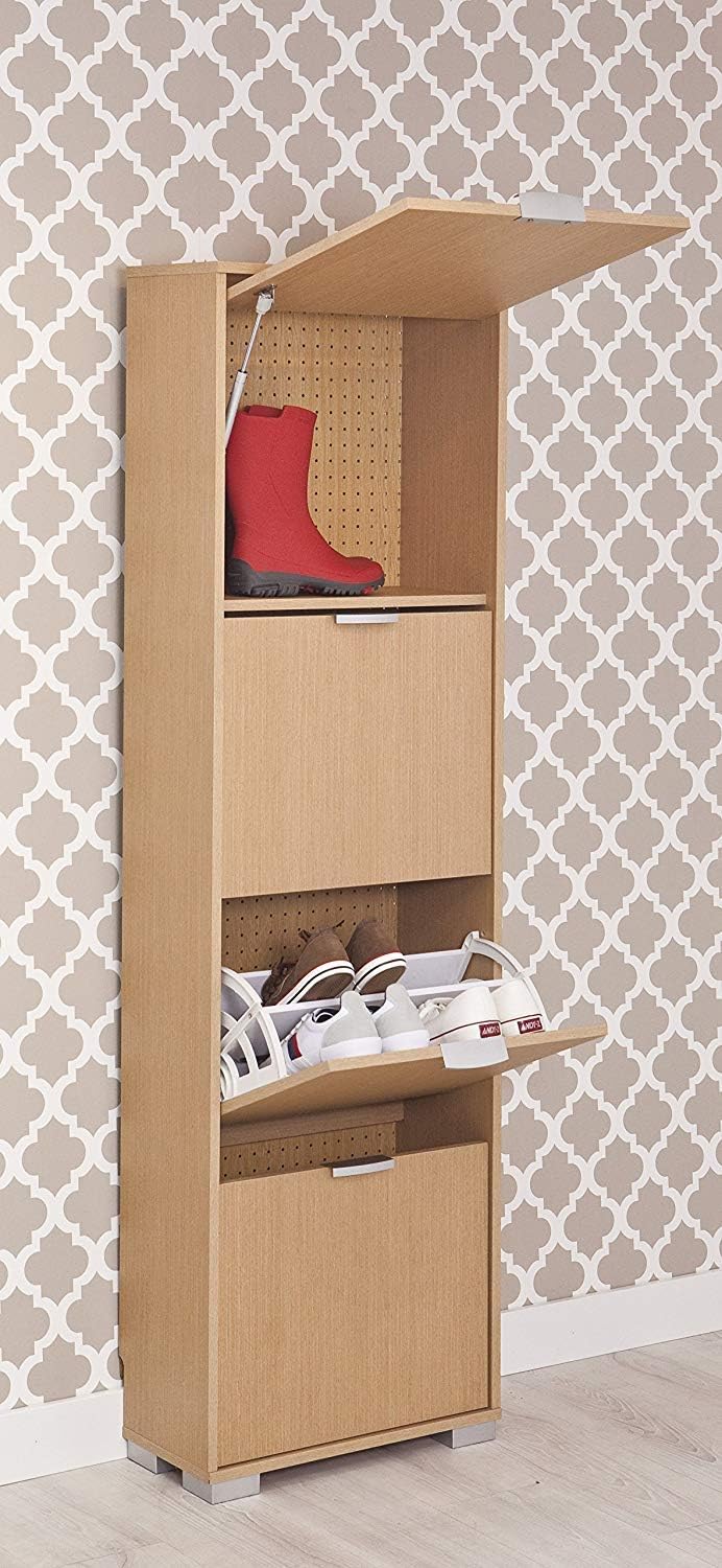 Topkit - Shoe rack 3 doors + folding to save trampon boots, total capacity 14 pairs, manufactured in 30 and 16 mm thick rear complete micro-perforated for better ventilation, handles metal of high resistance, hydraulic dock to open the trampon of your boots with phallic. 1mm thick oak colour PVC edge