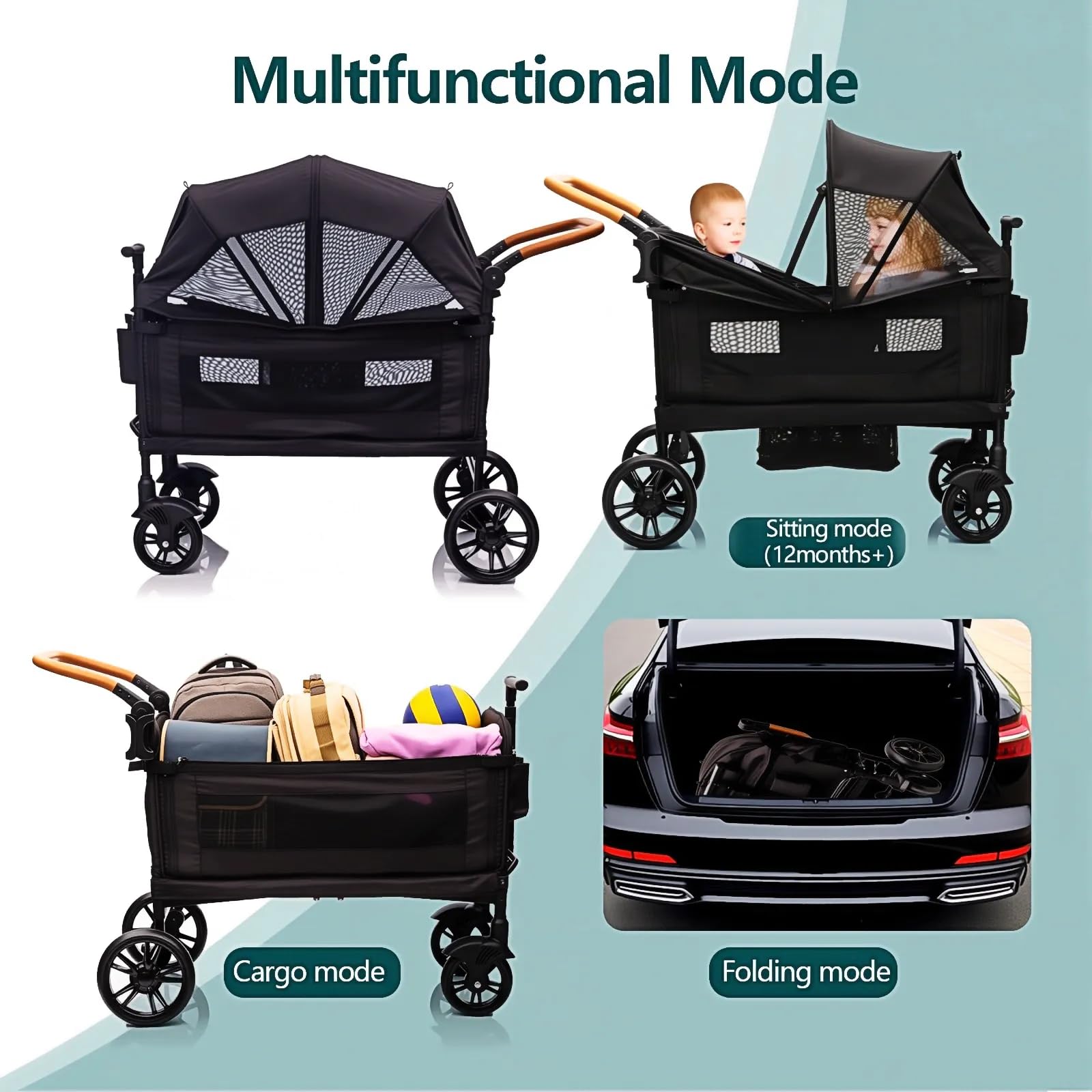 Wagon Stroller for 2 Kids & Cargo-Travel Stroller Push-Pull Double Wagon Lightweight Folding Stroller for Newborn&Toddler with 5-Point Harness,Adjustable Handle Bar and Canopy,Tray Table,Cup Holder