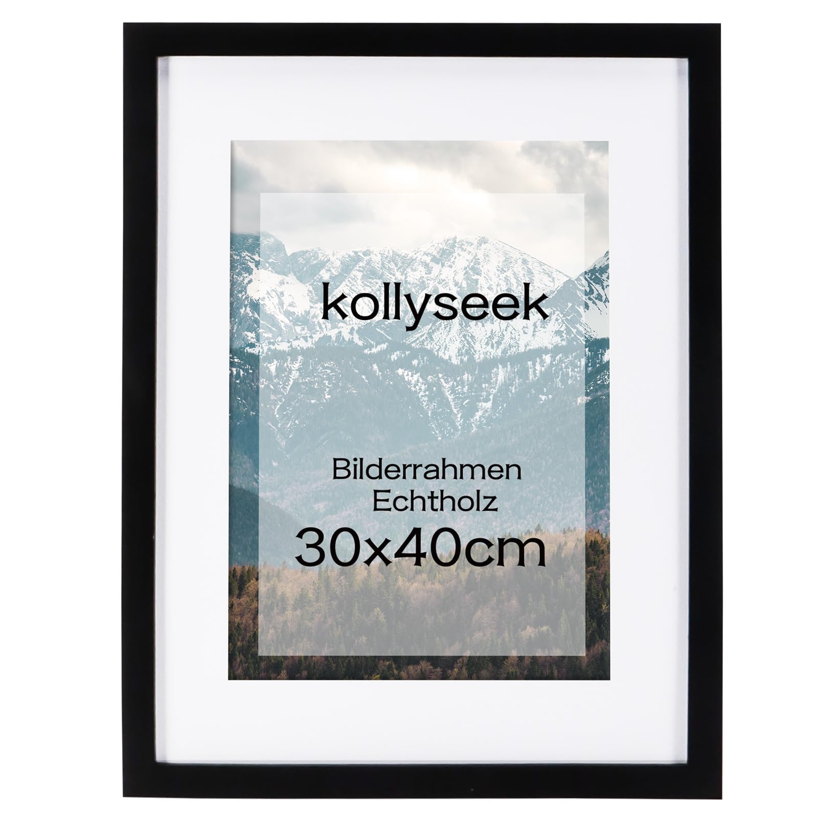 kollyseek Picture Frame 30 x 40 cm Black Real Wood with Mount Pine Wood Frame with Shatterproof Acrylic Glass Pine Wood Photo Frame Black Picture Frame — image 1
