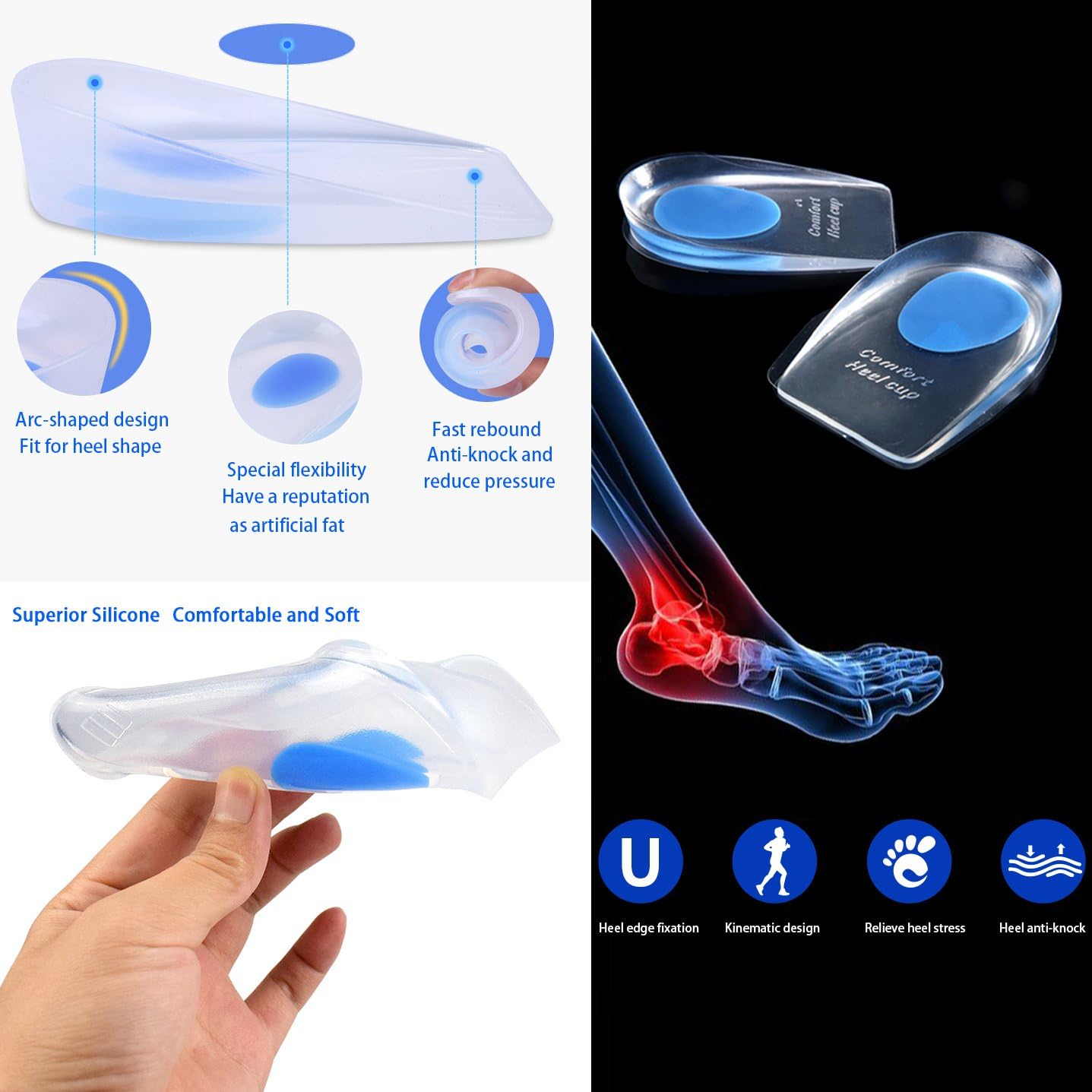 4 Pairs Heel Cups Plantar Fasciitis Inserts Pads, Gel Heel Protectors for Heel Pain, Silicone Heel Cushion and Cups, Pad for Plantar Fasciitis for Women & Men: Health & Personal Care