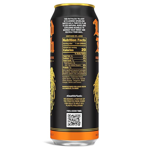 LIQUID DEATH, SQUEEZED TO DEATH, ORANGE-FLAVORED SPARKLING WATER, 8-PACK (19.2OZ CANS), LOW CALORIE & NO ARTIFICIAL SWEETENERS