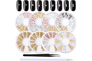 WOKOTO 8 Boxes 3d Geometry Metal Gold Nail Charms For Nail Art Studs Wheels Kit Mix-Shape Nail Jewelry And Decorations Sliver Nail Rivet Set 3d Nail Art Charms With 1pc Tweezers And Wax Pencil
