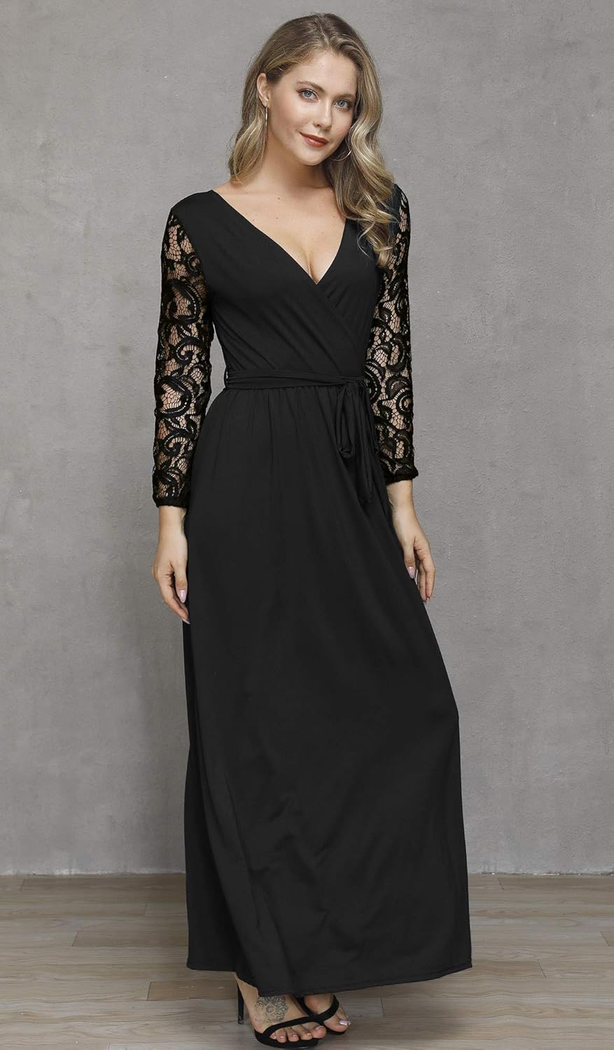 Spadehill Women's Faux Wrap V-Neck Lace Sleeve Maxi Dresses: Clothing