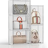MSHOMELY 5 Pack Purse Organizer for Closet, Handbag Storage Organizer Stackable Display Case with Magnetic Door, Closet Storage Bins for Handbag, Purse, Backpack, Collectibles, White