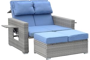 MEINV Wicker Patio Furniture Loveseat, 2 Pieces Outdoor Double Chaise Lounge, Large Rattan Couch Bed with Waterproof Cushion, Bench, Adjustable Backrest for Garden Daybed, Backyard, Pool, Balcony (Blue)