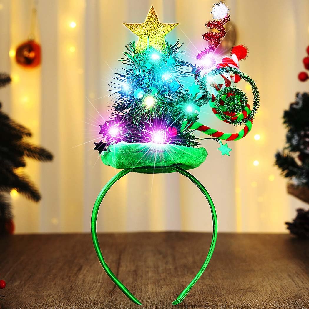Reaky Light Up Christmas Headband Led Green Hat Headbands Xmas Star Hairband Hair Accessories for Women (Green, One Size)