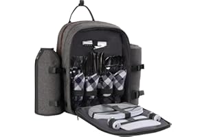 ALLCAMP OUTDOOR GEAR Picnic Backpack for 4 Person W/ Detachable Wine Holder, Insulated Food Compartment and Picnic Cutlery for Family Outdoor Camping and Gift (Grey)