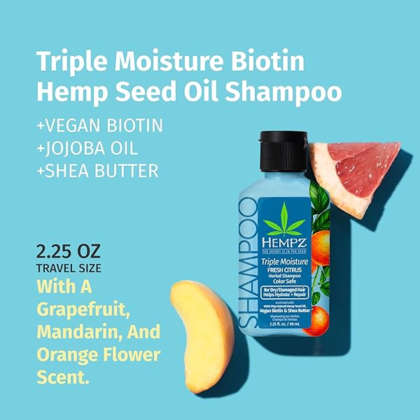 HEMPZ BIOTIN HAIR SHAMPOO – TRIPLE MOISTURE PEACH & GRAPEFRUIT – FOR GROWTH & STRENGTHENING OF DRY, DAMAGED HAIR – TRAVEL SIZE 2.25 FL OZ