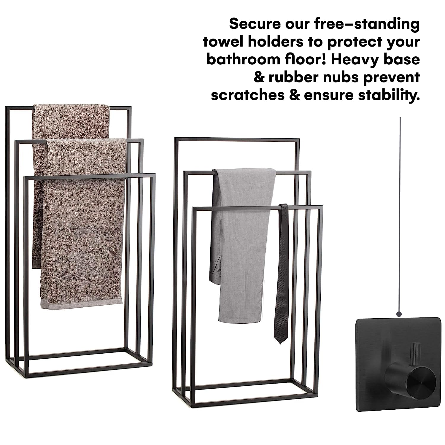Smartpeas Handtuchhalter Stehend - Handtuchständer Schwarz Aus Rostfreiem Pulverbeschichtetem Stahl - Mit 3 Handtuchstangen - Plus: Edelstahl Klebehaken 6