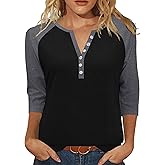 Heymiss Womens Summer Tops 3/4 Length Sleeve V Neck Casual Color Block Tunic Tops Dressy