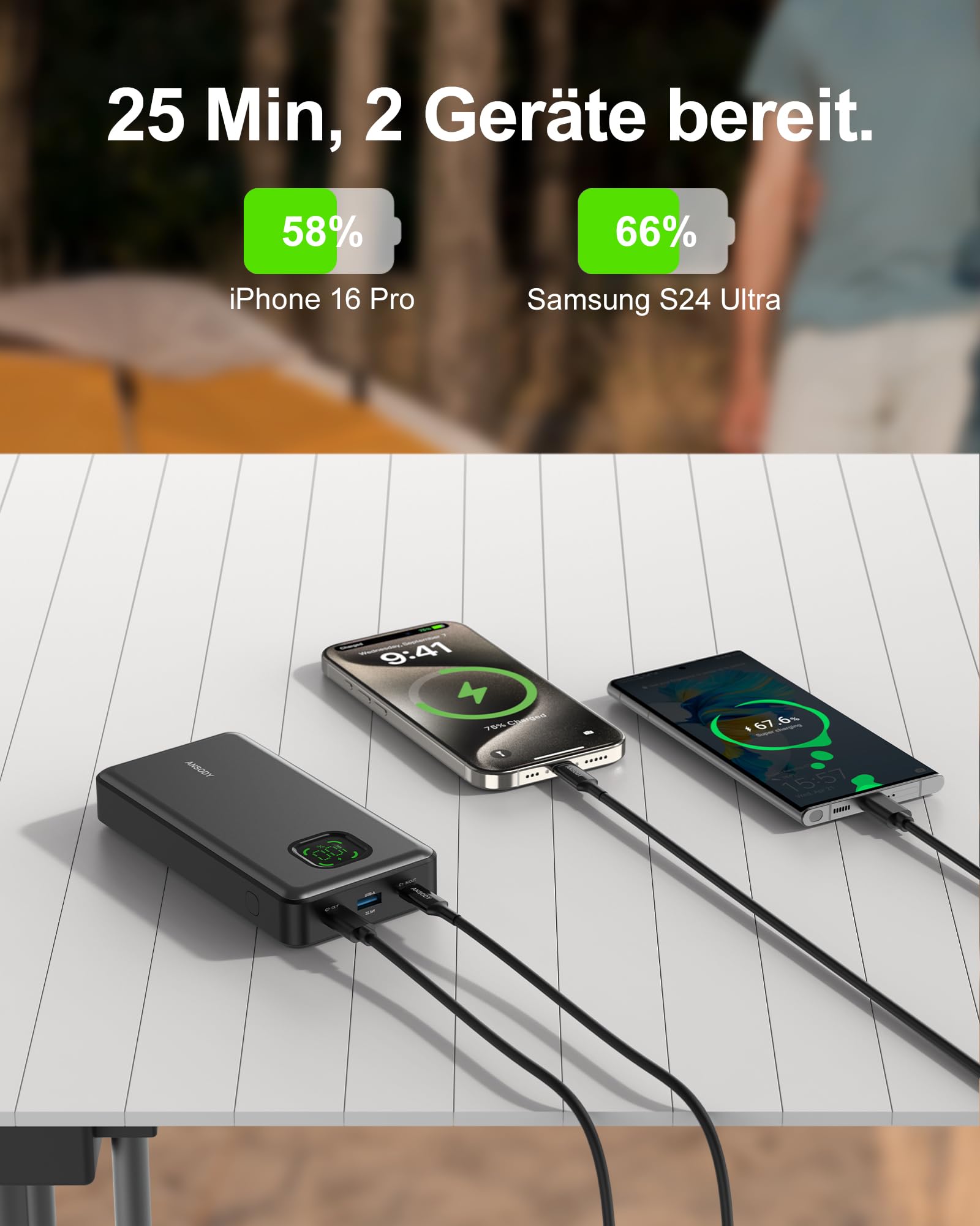 ANSODY Power Bank 65W 25000mAh Powerbank Laptop Klein Aber Stark, 100W Max Externe Handyakkus LED Display USB C Input&Output, Akkupack für iPhone 17 16 15 14 Xiaomi iPad Travel Camping Outdoor (Gray) 6