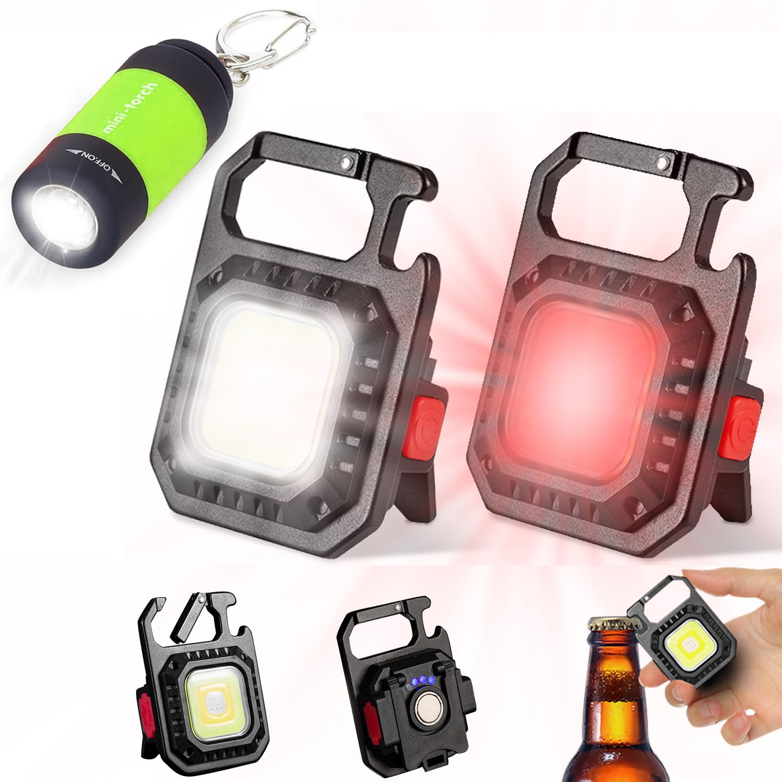 LETOUR Mini LED Flashlight Torch, 2 Pcs Keyring Light 1000 Lumens Rechargeable COB Keychain, 7 Lighting Modes, Waterproof Portable Pocket Torch With Bottle Opener for Hiking and Camping