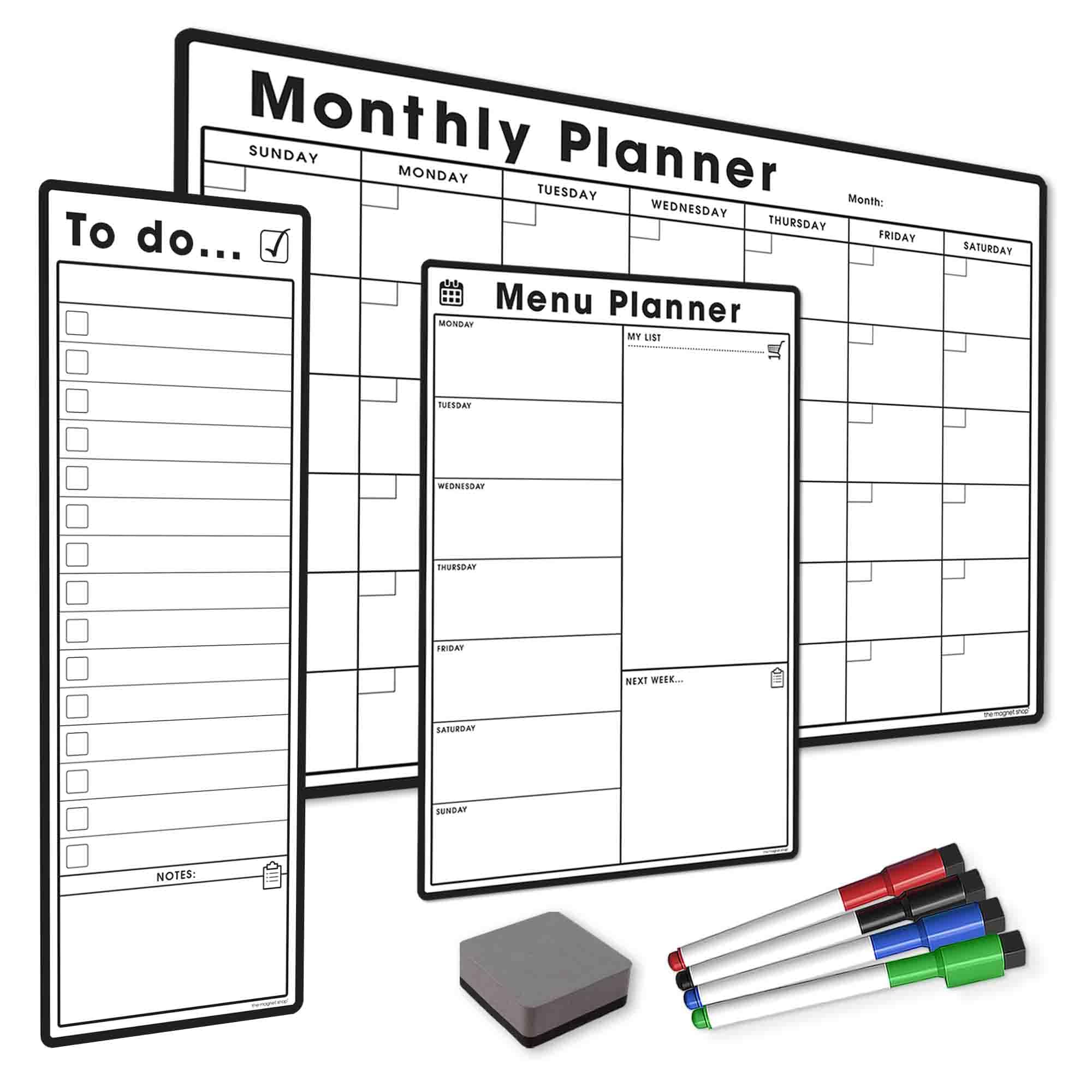 TMS Magnetic Weekly Planner Bundle | A4 Menu Planner, A3 Monthly Calendar, to Do List, Dry Wipe Markers and Eraser (5 Pack) | Magnetic Whiteboard Set