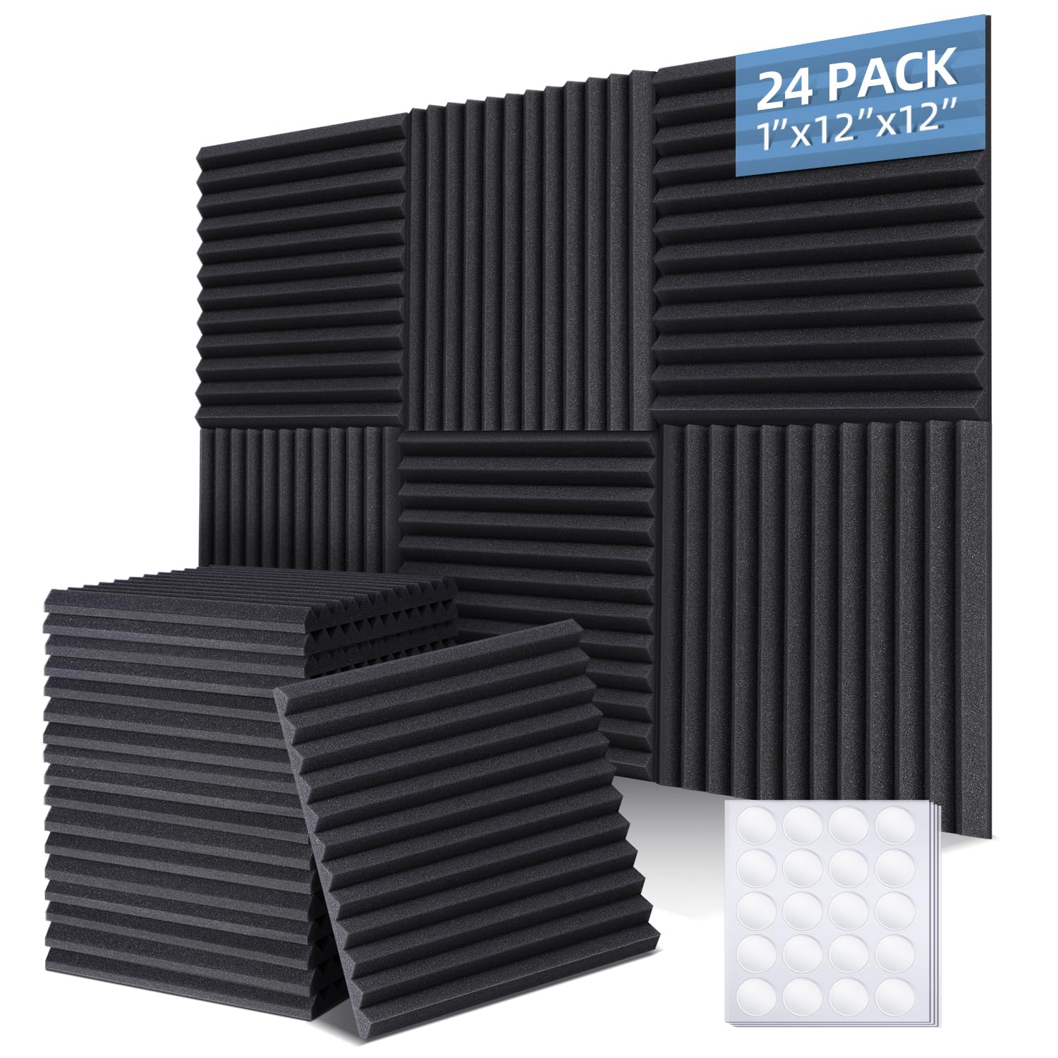 Ohuhu Sound Proofing Panels 24 Pack, 1"x12"x12" Acoustic Foam Panels Wedges with Double Sided Tape, Fire Retardant High Density Eco-friendly Acoustic Wall Panels for Studio Office Home