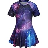 Qterdiz Girls One Piece Swimsuits Short Sleeve Swim Dress for Girls Hawaiian Skirted Bathing Suit Summer Swimwear 3-16 Years