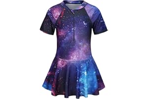 LOLLISY Girls One Piece Swimsuits Hawaiian Skirted Bathing Suit for Kids Girls Summer Swim Dress Short Sleeve Swimwear 3-16 Years