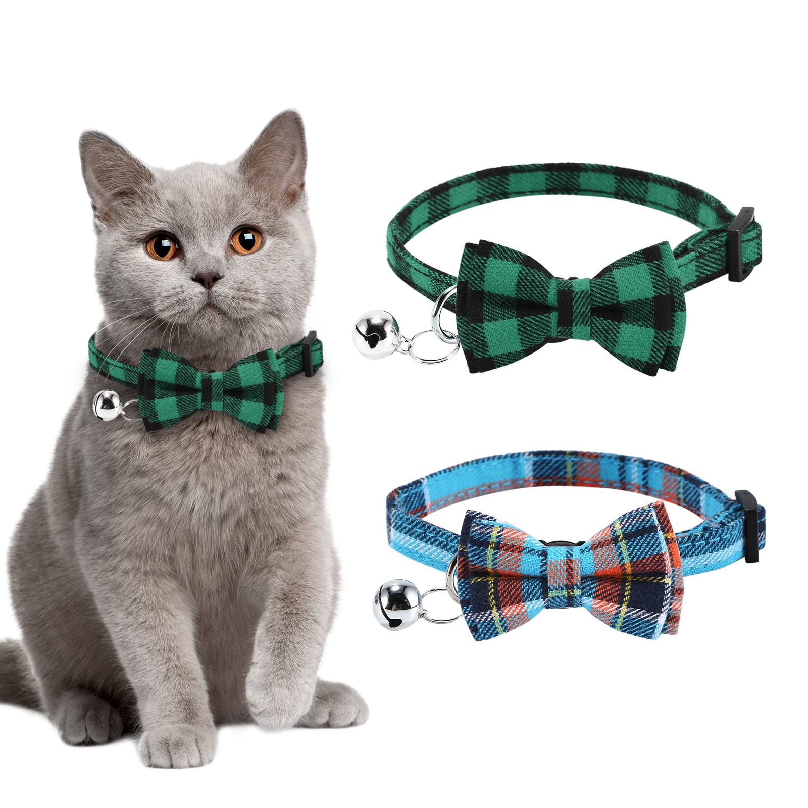 Cat Collar with Bell and Bow Tie, Quick Release Safety Collars for Kitten and Cats, Soft Cat Collar (S:18-28 cm (Pack of 2), light blue + green)