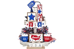 FAIRYSANDY 12 Pcs 4th of July Tiered Tray Decor Labor Day Decoration Patriotic Wood Decor Farmhouse Red White Blue Decoration for Independence Memorial Day Table Home Decor