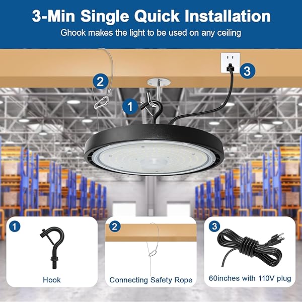 EILPASS LED SHOP LIGHTS 100W 16,000LM 5000K SUPER BRIGHT HIGH BAY SHOP LIGHTS WITH US CABLE PLUG IN FOR GARAGE WORKSHOP WAREHOUSE FACTORY BARN (100W 2PACK)