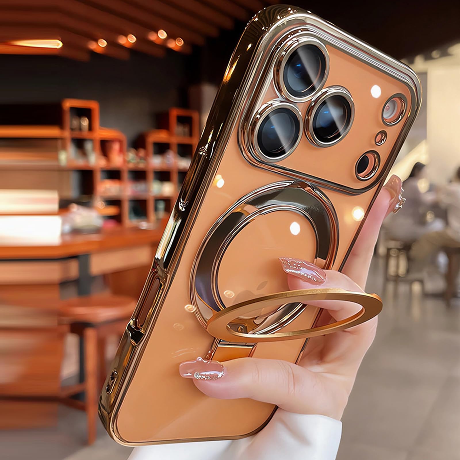 MIFENDUCT Mag-Stand Designed for iPhone 17 Pro Case Clear Supports Wireless Charging 17 Pro Case with Camera Protector Invisible Stand Ring Luxury Plating Soft TPU Shockproof Phone Cover 6.3",Gold