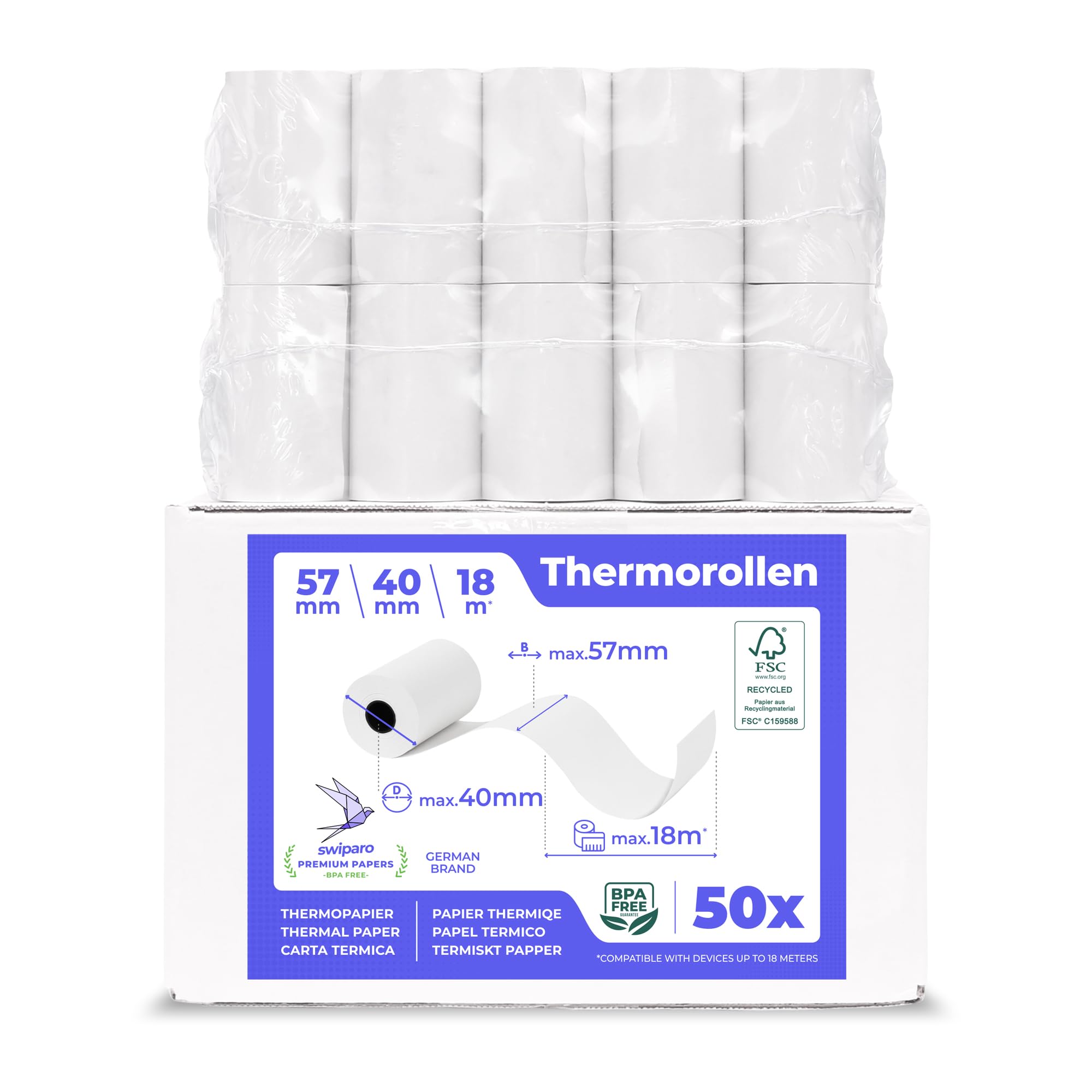 SWIPARO - Ec-Cash Thermal Rolls 57 mm x 18 m x 12 mm - Till Rolls - Thermal Paper - Receipt Rolls for Bank Mat - Credit Card Readers 57 x 40 x 12 (Pack of 50)