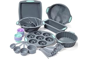 Tongjude 47 Pieces Silicone Baking Pans Set, 6 Silicone Cake Molds, Loaf Pan, Doughnut Pans, Non-Stick Baking Cup, with Measuring Cups and Spoons Set, Grey